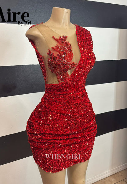 Burgundy Scoop Neck Sleeveless Beaded Pleated Sequins V Back Sheath Short Homecoming Dress