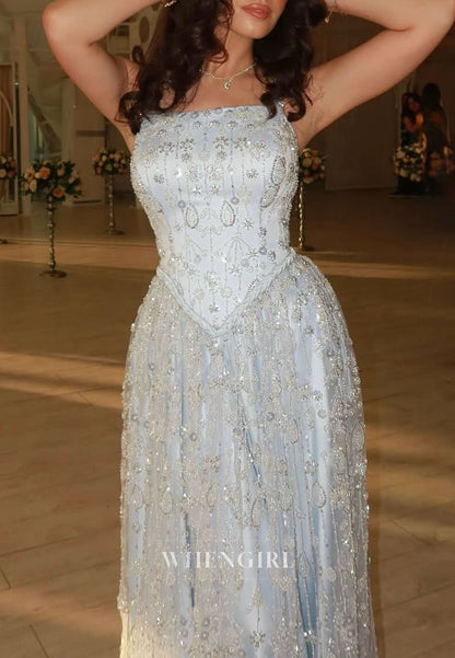 Light Blue Spaghetti Straps Beaded A-Line Sleeveless Evening Formal Gown