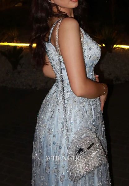 Light Blue Spaghetti Straps Beaded A-Line Sleeveless Evening Formal Gown