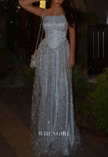 Light Blue Spaghetti Straps Beaded A-Line Sleeveless Evening Formal Gown