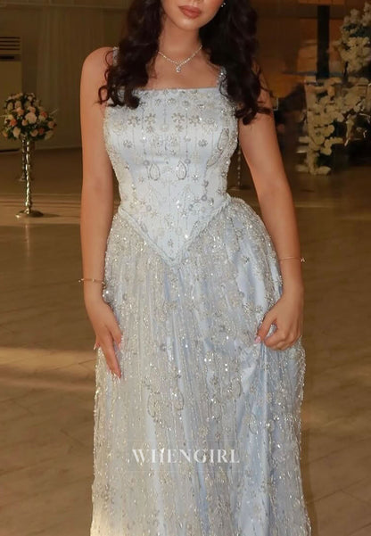 Light Blue Spaghetti Straps Beaded A-Line Sleeveless Evening Formal Gown