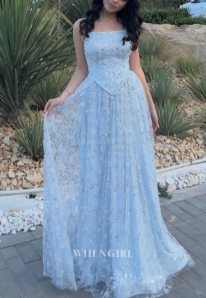 Light Blue Spaghetti Straps Beaded A-Line Sleeveless Evening Formal Gown