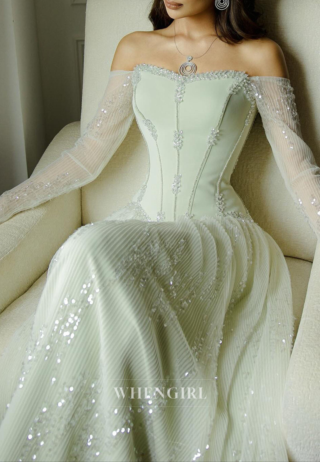 Sage A-Line Off Shoulder Long Sleeves Beaded Evening Dress