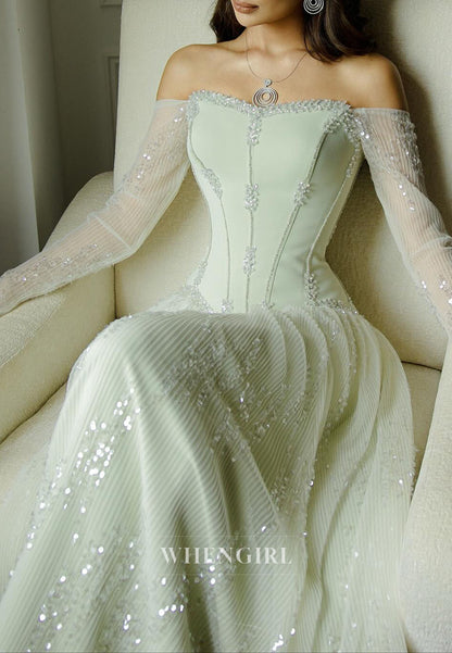 Sage A-Line Off Shoulder Long Sleeves Beaded Evening Dress