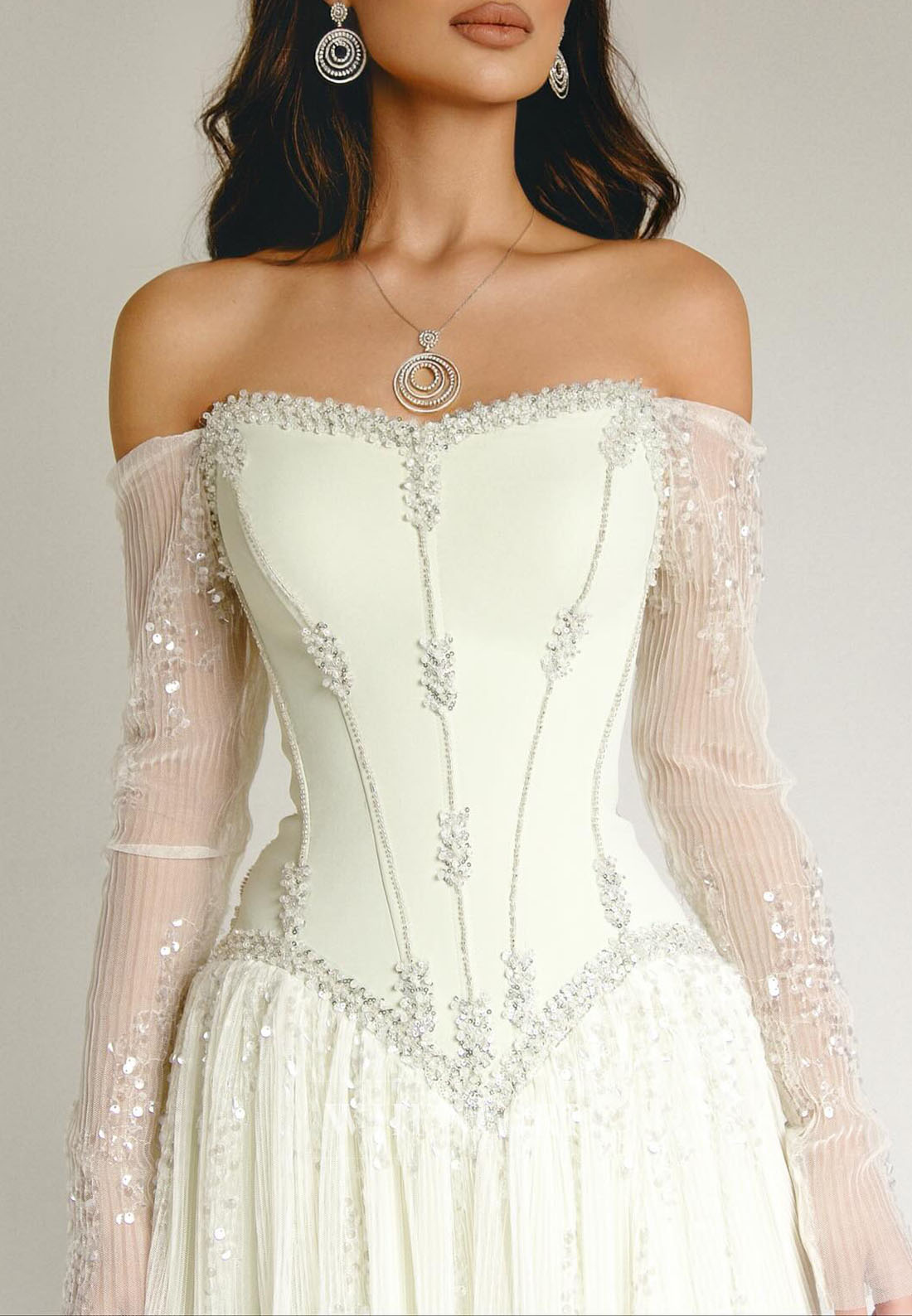 Sage A-Line Off Shoulder Long Sleeves Beaded Evening Dress