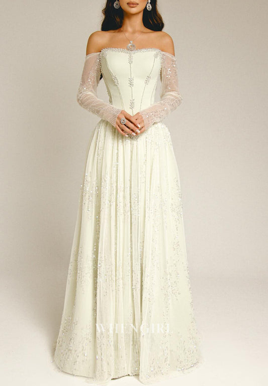 Sage A-Line Off Shoulder Long Sleeves Beaded Evening Dress