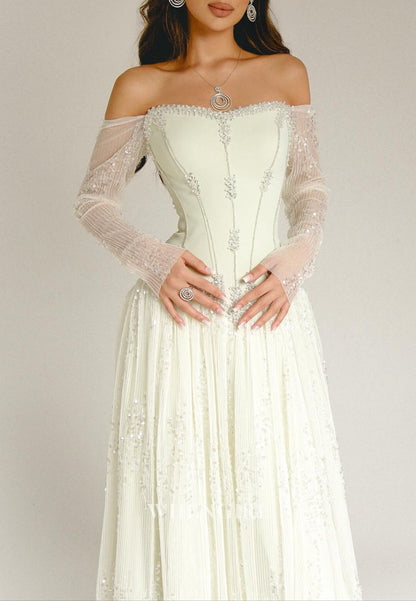 Sage A-Line Off Shoulder Long Sleeves Beaded Evening Dress