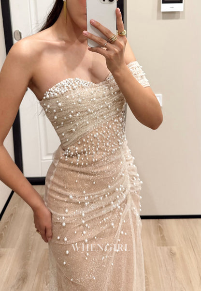 Champagne Sleeveless One Shoulder Pearls Beading Pleated Sheath Evening Formal Gown