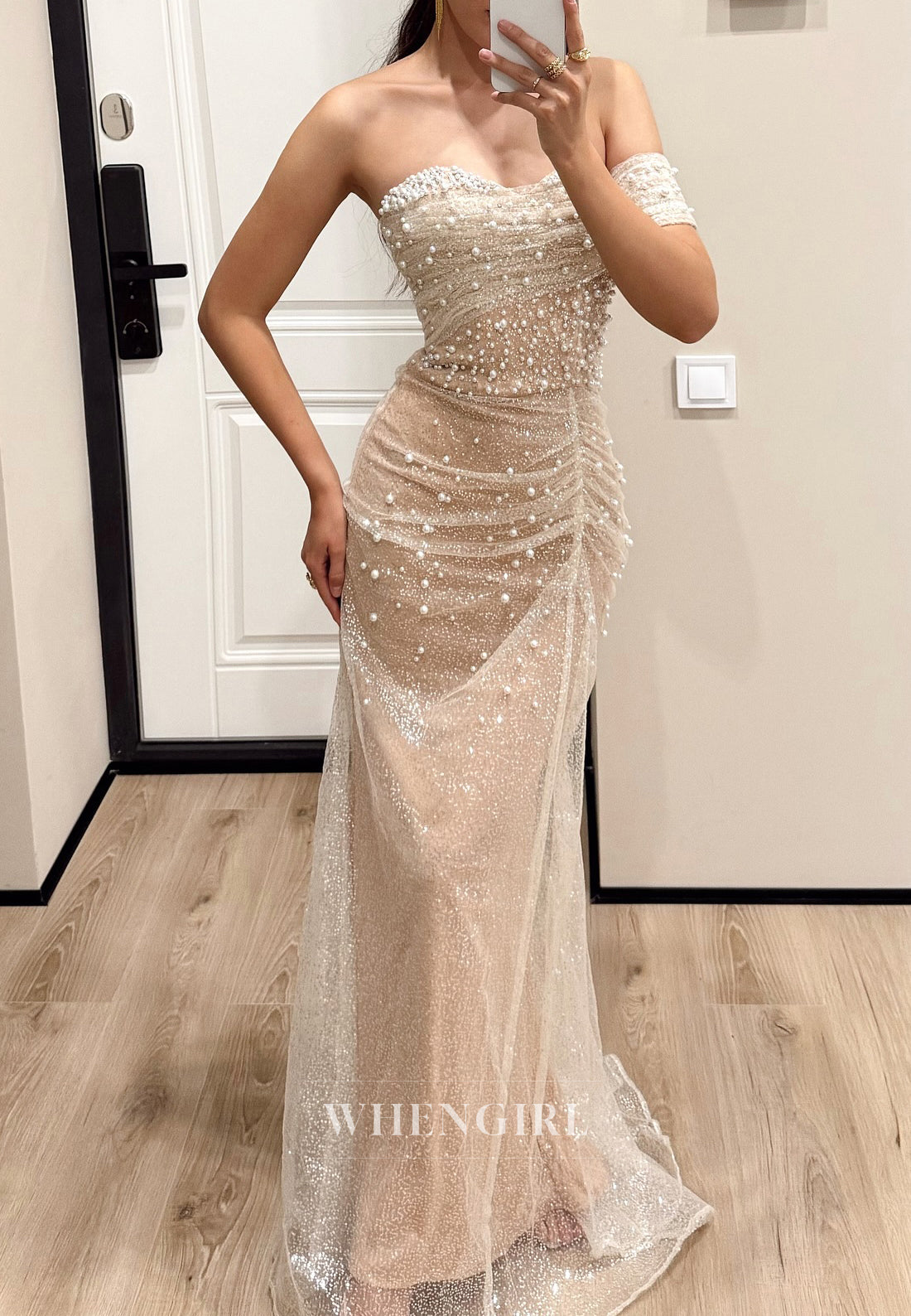 Champagne Sleeveless One Shoulder Pearls Beading Pleated Sheath Evening Formal Gown