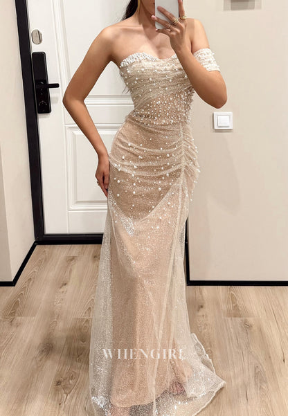 Champagne Sleeveless One Shoulder Pearls Beading Pleated Sheath Evening Formal Gown