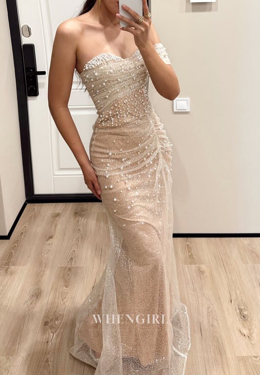 Champagne Sleeveless One Shoulder Pearls Beading Pleated Sheath Evening Formal Gown