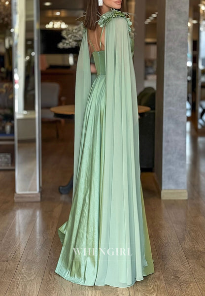 A-Line Floral Straps Pleated Back Zipper Floor Length Formal Evening Dress