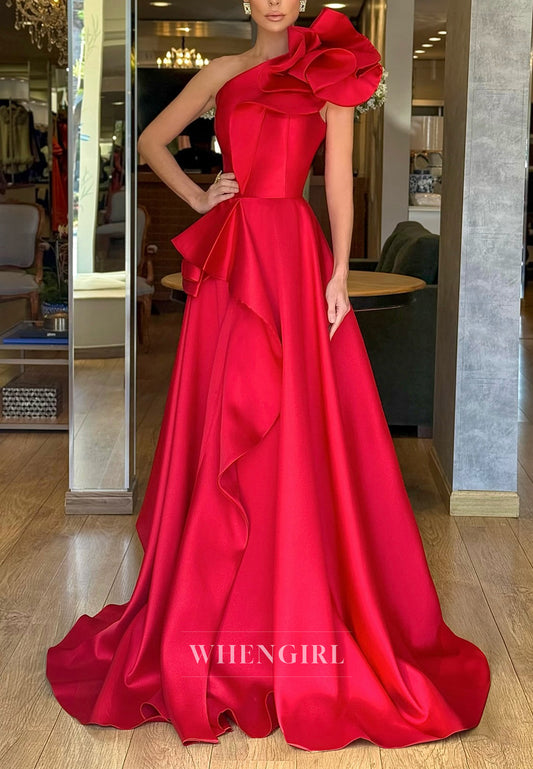 One Shoulder A-Line Ruffles Sleeveless Back Zipper Sweep Train Formal Evening Dress