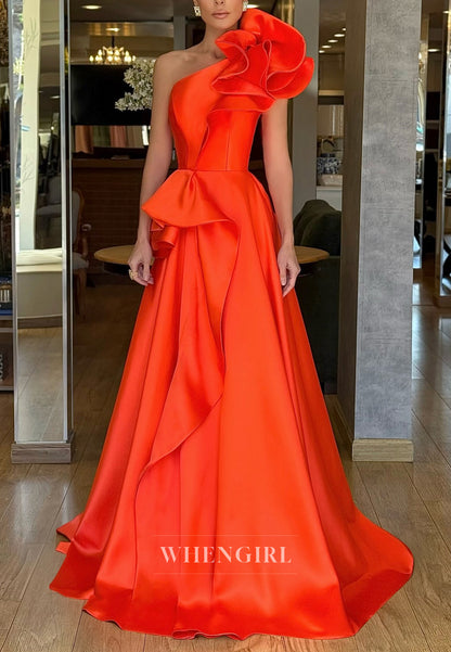 One Shoulder A-Line Ruffles Sleeveless Back Zipper Sweep Train Formal Evening Dress