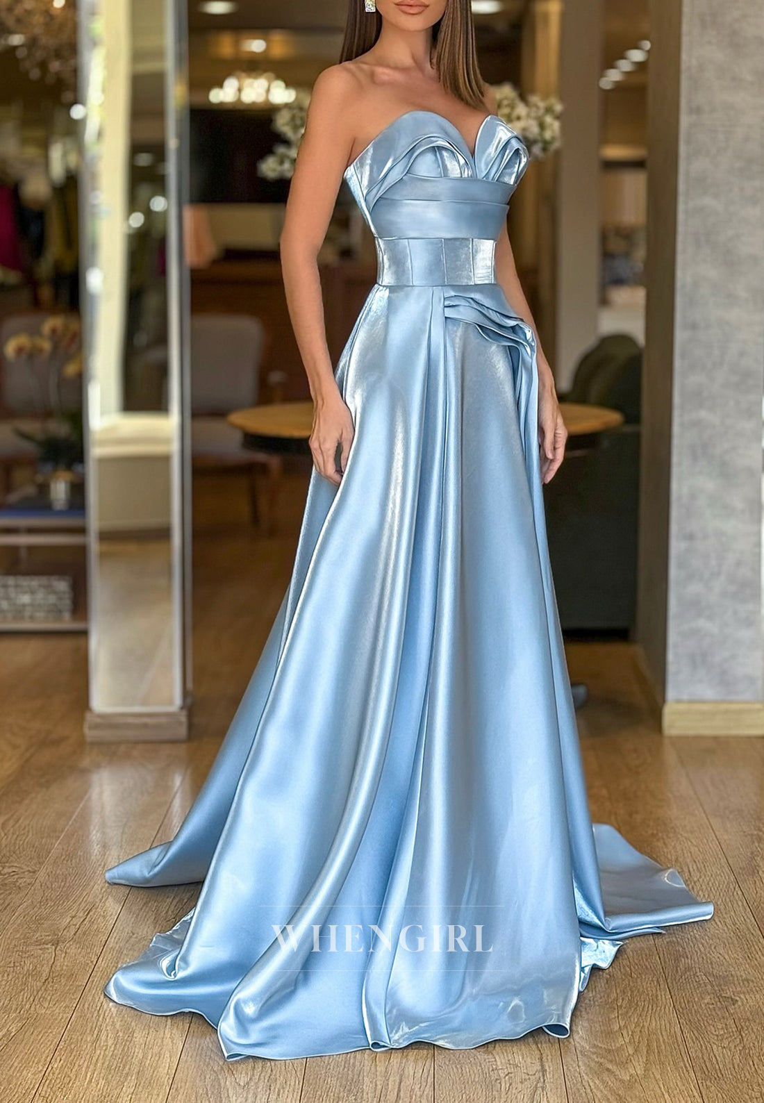 Sky Blue Sweetheart Sleeveless Pleated A-Line Satin Formal Evening Dress