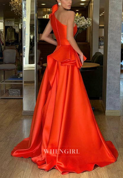 One Shoulder A-Line Ruffles Sleeveless Back Zipper Sweep Train Formal Evening Dress