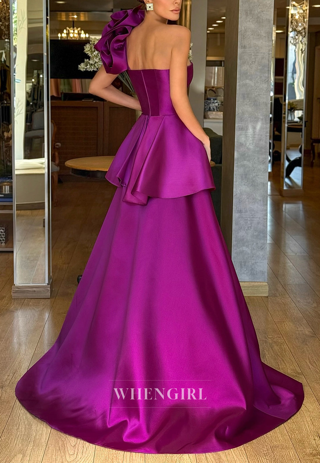 Orchid One Shoulder Sleeveless Sweep Train A-Line Evening Dress