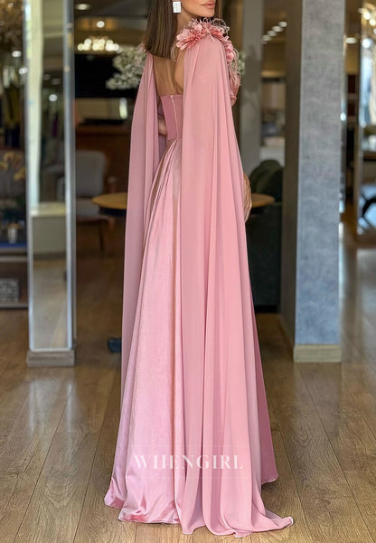 A-Line Floral Straps Pleated Back Zipper Floor Length Formal Evening Dress