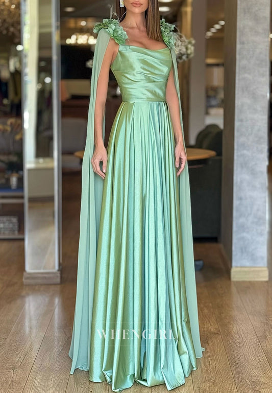 A-Line Floral Straps Pleated Back Zipper Floor Length Formal Evening Dress