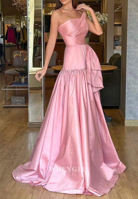Blushing Pink A-Line Asymmetrical Neck Sleeveless Pleated Bowknot Evening Formal Dress
