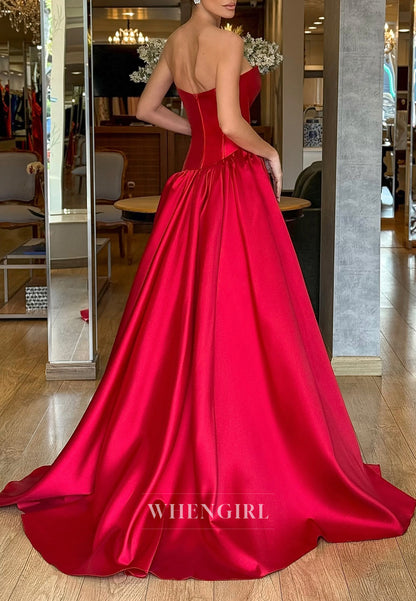 Red Sweetheart Sleeveless Side Slit Back Zipper Sweep Train A-Line Evening Dress