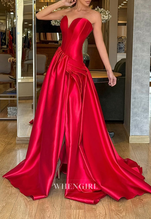 Red Sweetheart Sleeveless Side Slit Back Zipper Sweep Train A-Line Evening Dress