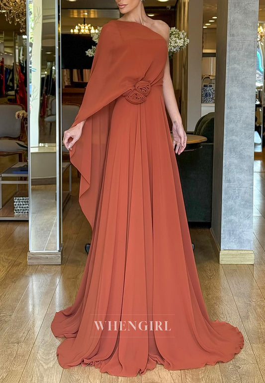 Chiffon One Shoulder 3D Flower Sweep Train A-Line Formal Evening Dress