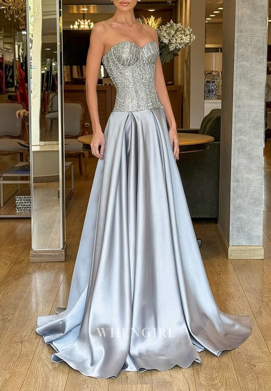 Mist Beaded Sweetheart Sleeveless Back Zipper Sweep Train A-Line Evening Formal Dress