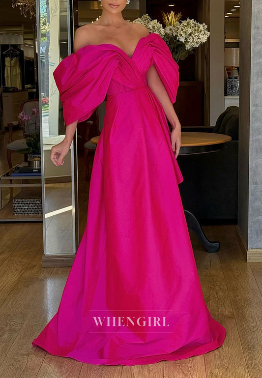 Fuchsia Off Shoulder Back Zipper Pleated Evening Formal Dress with Side Slit