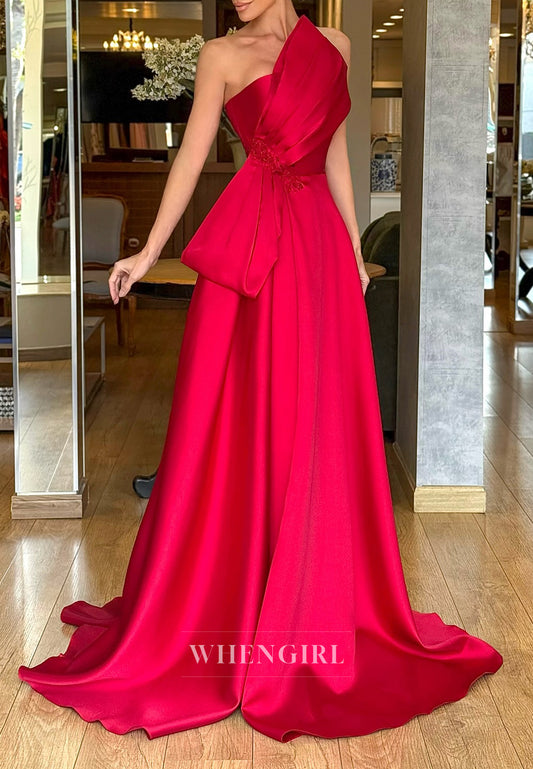 Red Asymmetrical Neck Pleated Back Zipper A-Line Evening Dress