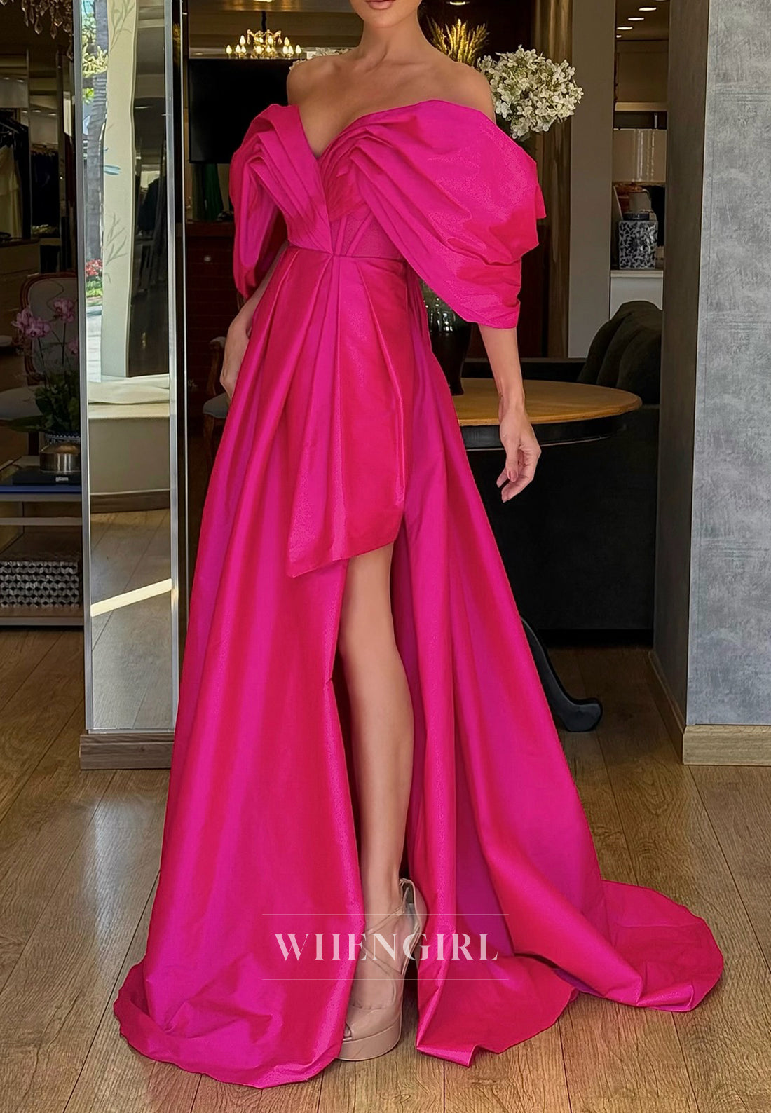 Fuchsia Off Shoulder Back Zipper Pleated Evening Formal Dress with Side Slit