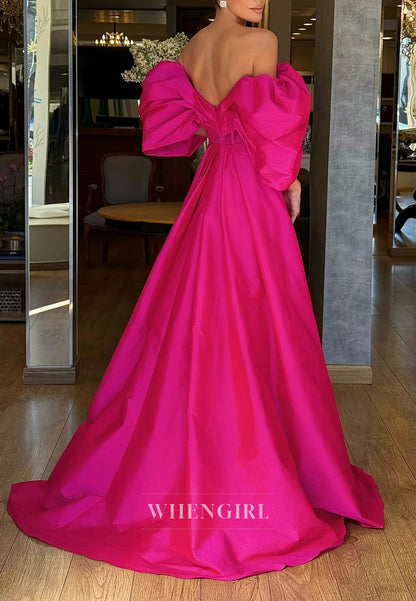 Fuchsia Off Shoulder Back Zipper Pleated Evening Formal Dress with Side Slit