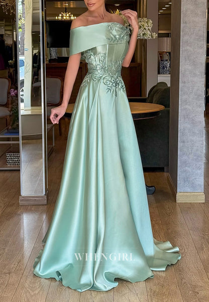 Turquoise Off Shoulder Short Sleeves A-Line Beaded Vine Satin Evening Dress
