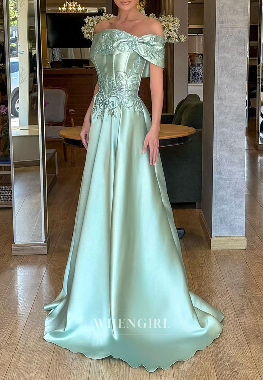 Turquoise Off Shoulder Short Sleeves A-Line Beaded Vine Satin Evening Dress