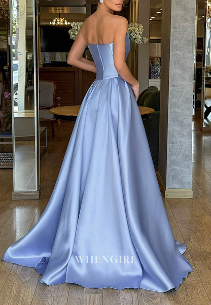 Sky Blue Tube Top Sleeveless Beaded Vine A-Line Strapless Evening Dress