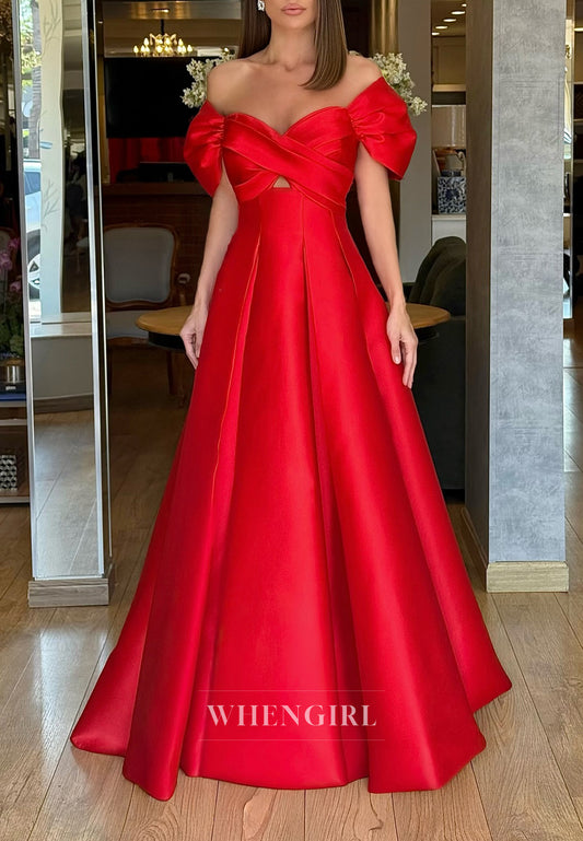 Red A-Line Pleated Short Sleeves Sweetheart Evening Dress Cut Out Satin Formal Gown