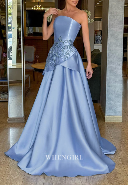 Sky Blue Tube Top Sleeveless Beaded Vine A-Line Strapless Evening Dress