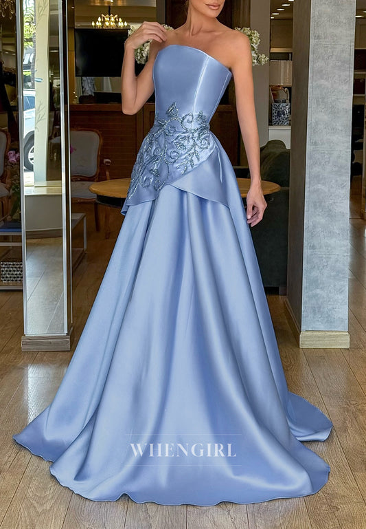 Sky Blue Tube Top Sleeveless Beaded Vine A-Line Strapless Evening Dress