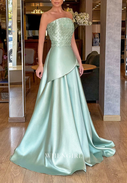 Turquoise Tube Top Beaded Sleeveless Back Zipper Satin A-Line Evening Formal Dress