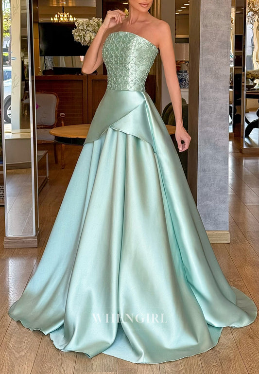 Turquoise Tube Top Beaded Sleeveless Back Zipper Satin A-Line Evening Formal Dress
