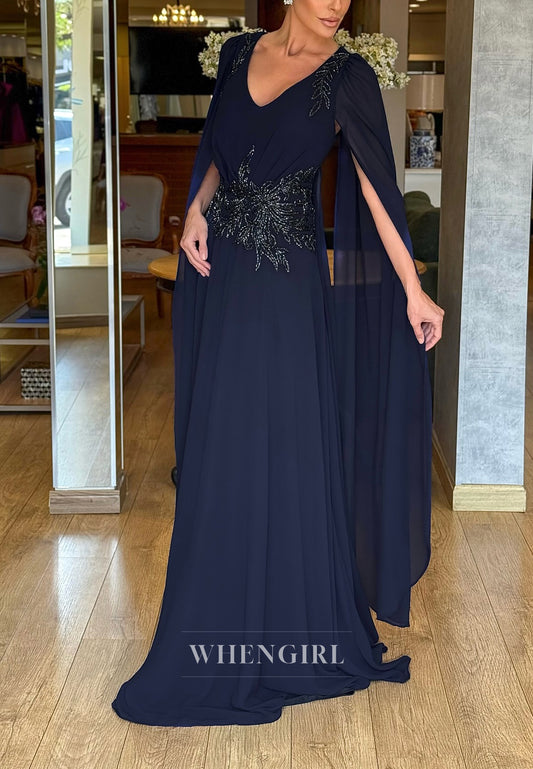 Navy A-Line V Neck Chiffon Long Sleeves Appliqued Formal Dress Evening Gown