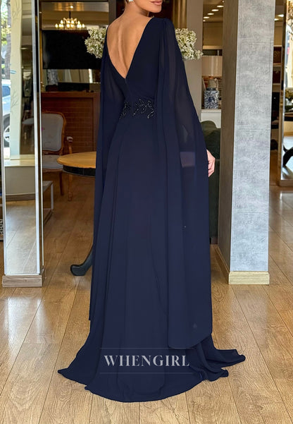 Navy A-Line V Neck Chiffon Long Sleeves Appliqued Formal Dress Evening Gown