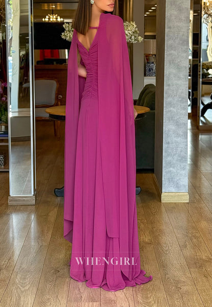 Azalea A-Line Pleated V Neck Back Zipper Cape Floor Length Chiffon Evening Dress
