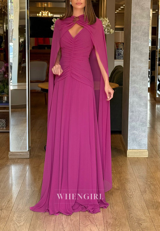 Azalea A-Line Pleated V Neck Back Zipper Cape Floor Length Chiffon Evening Dress