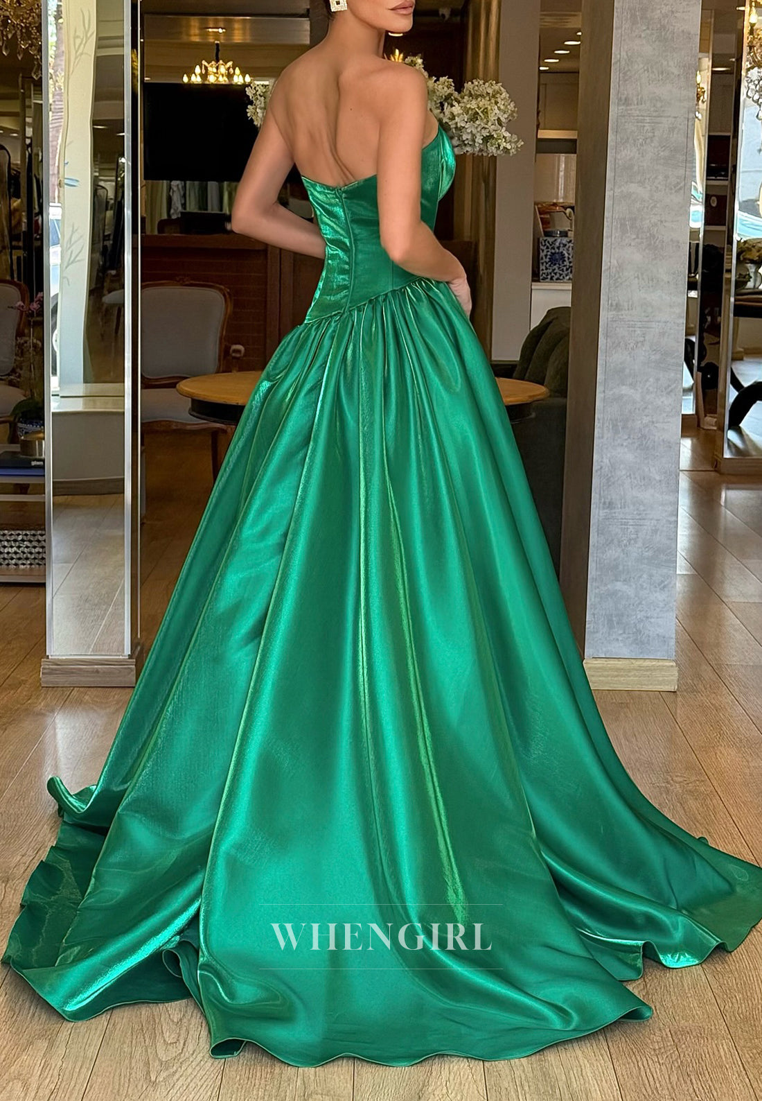 Hunter Green A-Line Sleeveless Asymmetrical Neck Sweep Train Formal Evening Dress