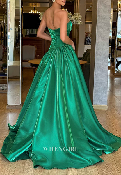 Hunter Green A-Line Sleeveless Asymmetrical Neck Sweep Train Formal Evening Dress
