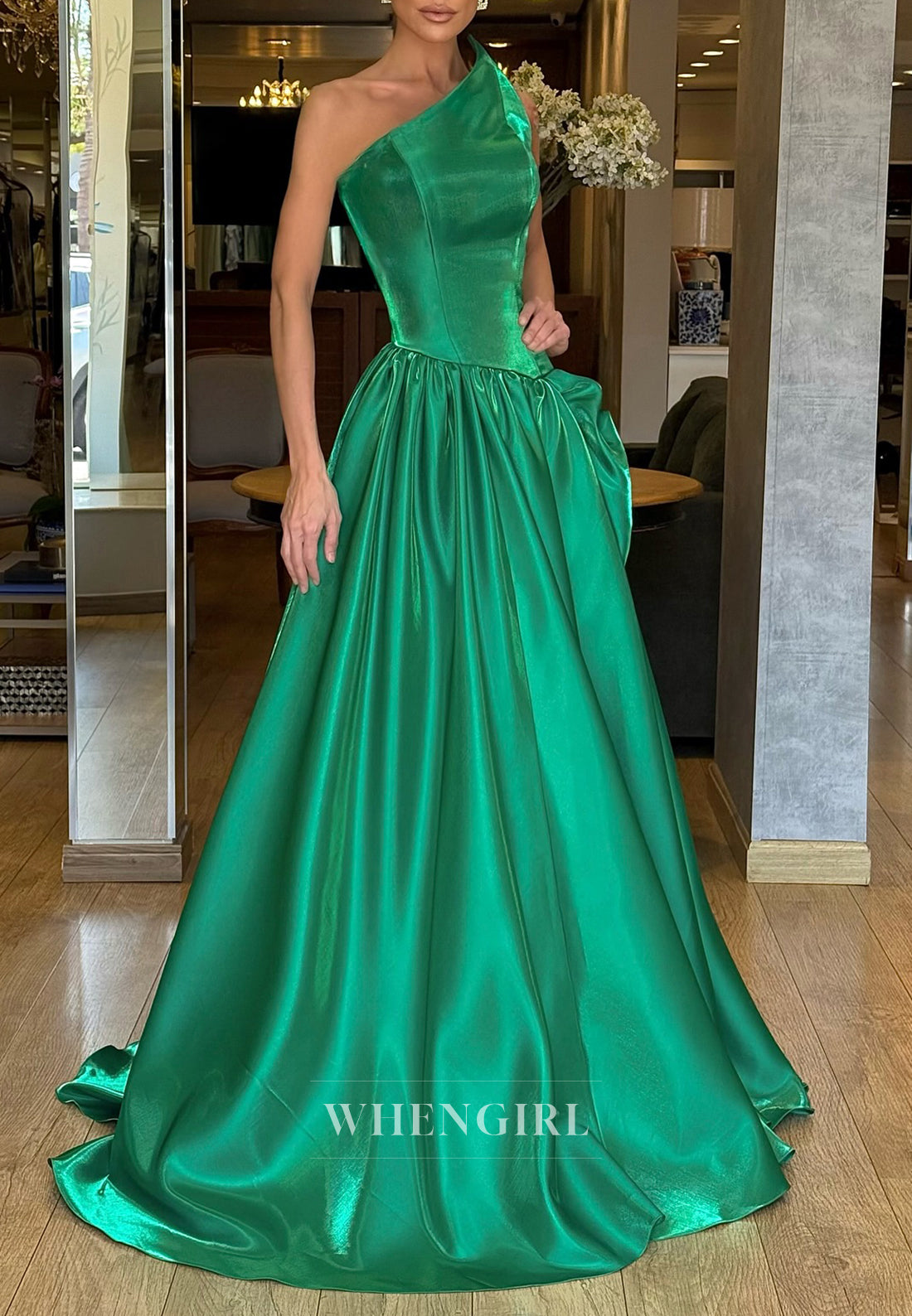 Hunter Green A-Line Sleeveless Asymmetrical Neck Sweep Train Formal Evening Dress