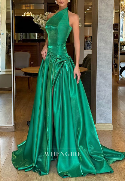 Hunter Green A-Line Sleeveless Asymmetrical Neck Sweep Train Formal Evening Dress