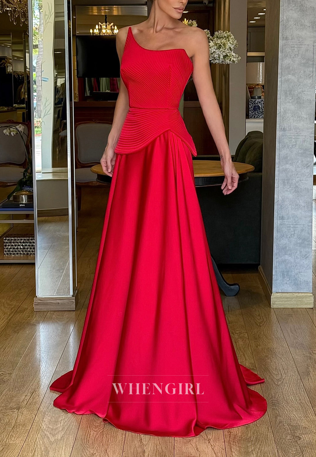 Red Asymmetrical Neck Sleeveless A-Line Evening Formal Dress