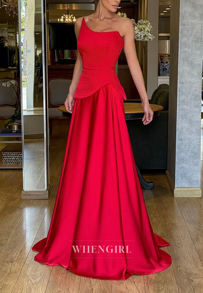 Red Asymmetrical Neck Sleeveless A-Line Evening Formal Dress